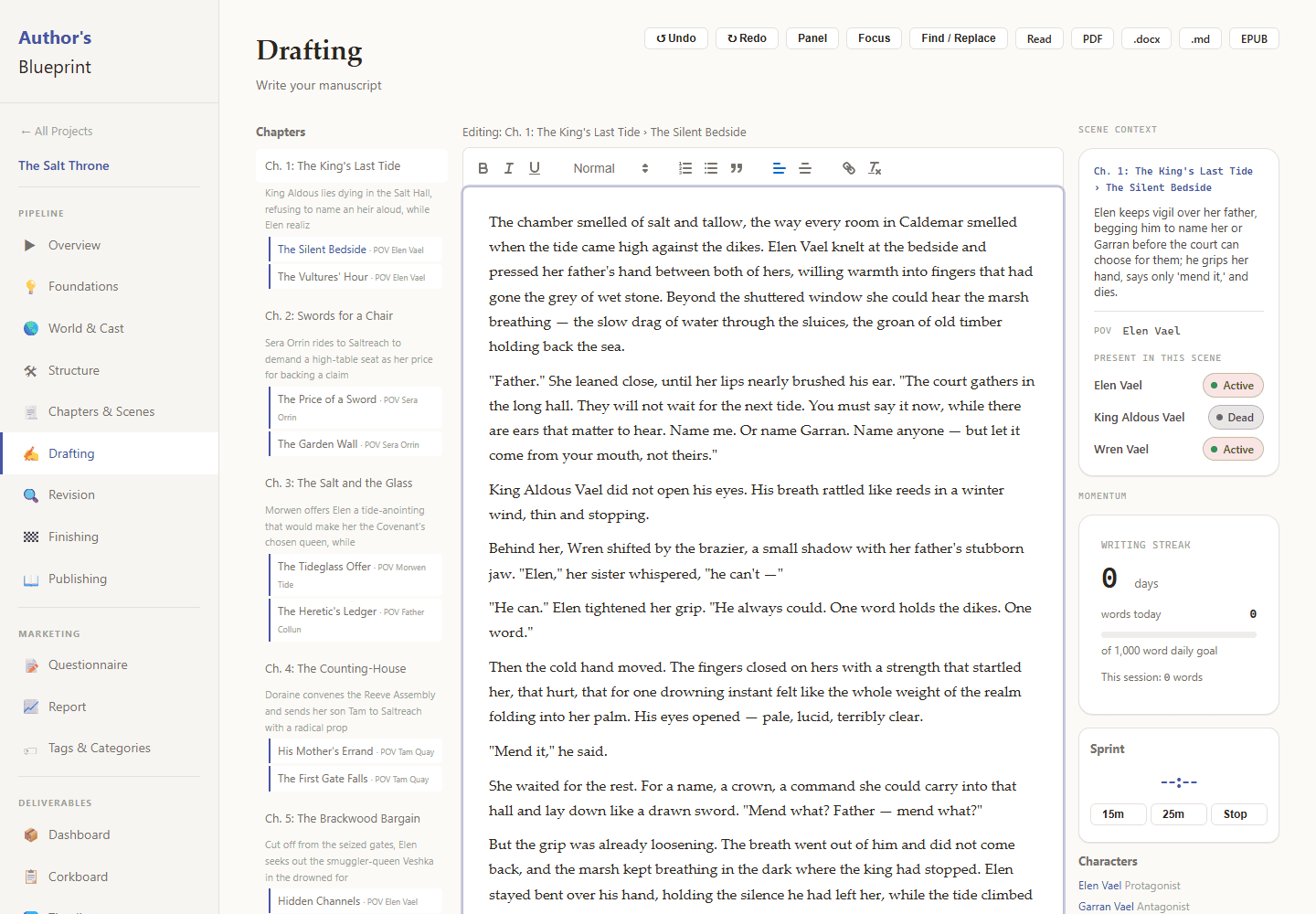 The Author’s Blueprint drafting screen: chapters, the manuscript, and scene context.