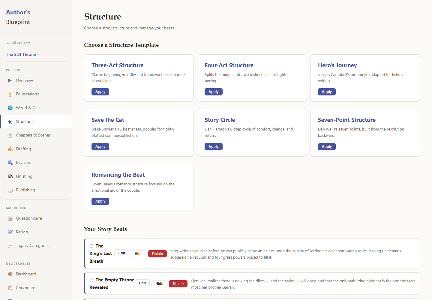The Structure screen: seven story frameworks and the beats of a novel in progress.