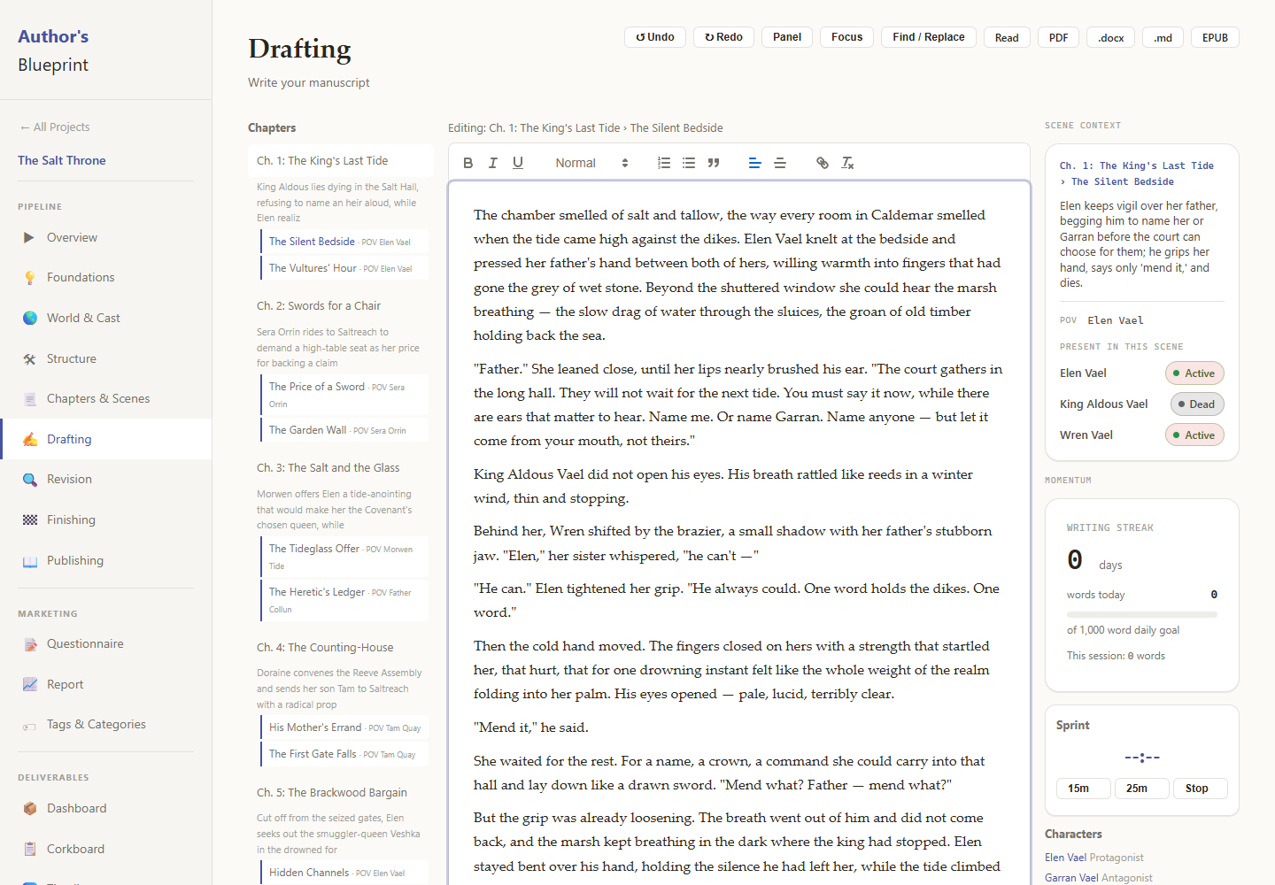 The Author's Blueprint manuscript editor with chapter navigation and scene context